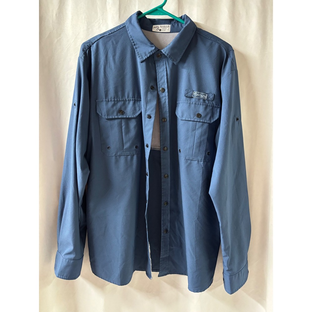 Baitium Elite Performance Fishing Apparel Blue Button Up Shirt LS Men's L‎